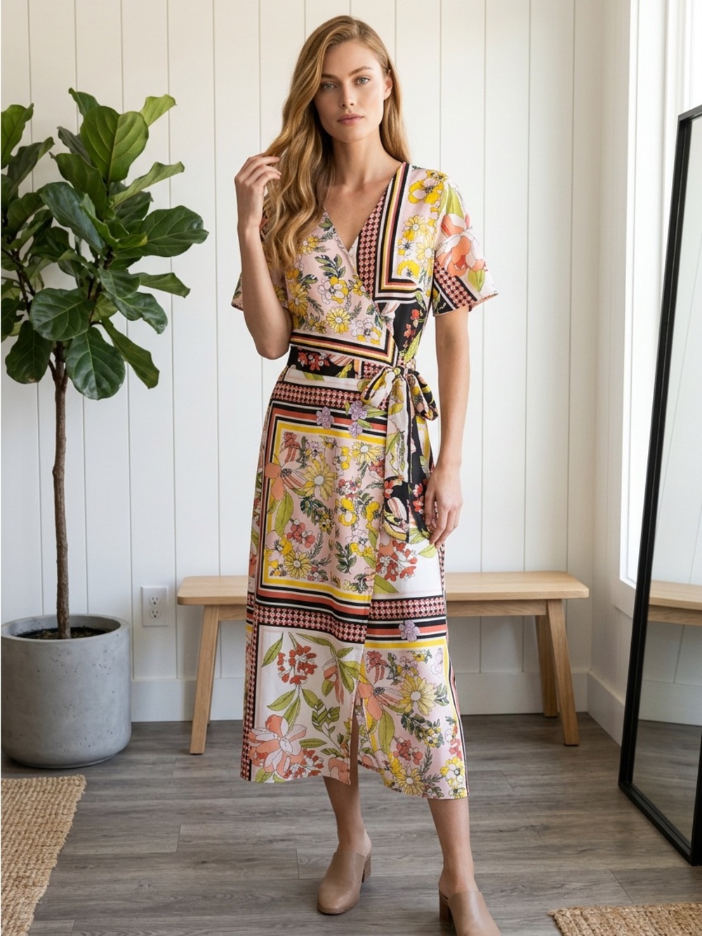 Who What Wear Patchwork Floral Wrap Dress in Pink, Yellow, Black